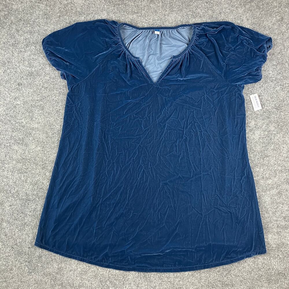 Old Navy Top Womens 2X Blue Velvet Short Sleeve V-Neck Blouse Stretchy Y2K
